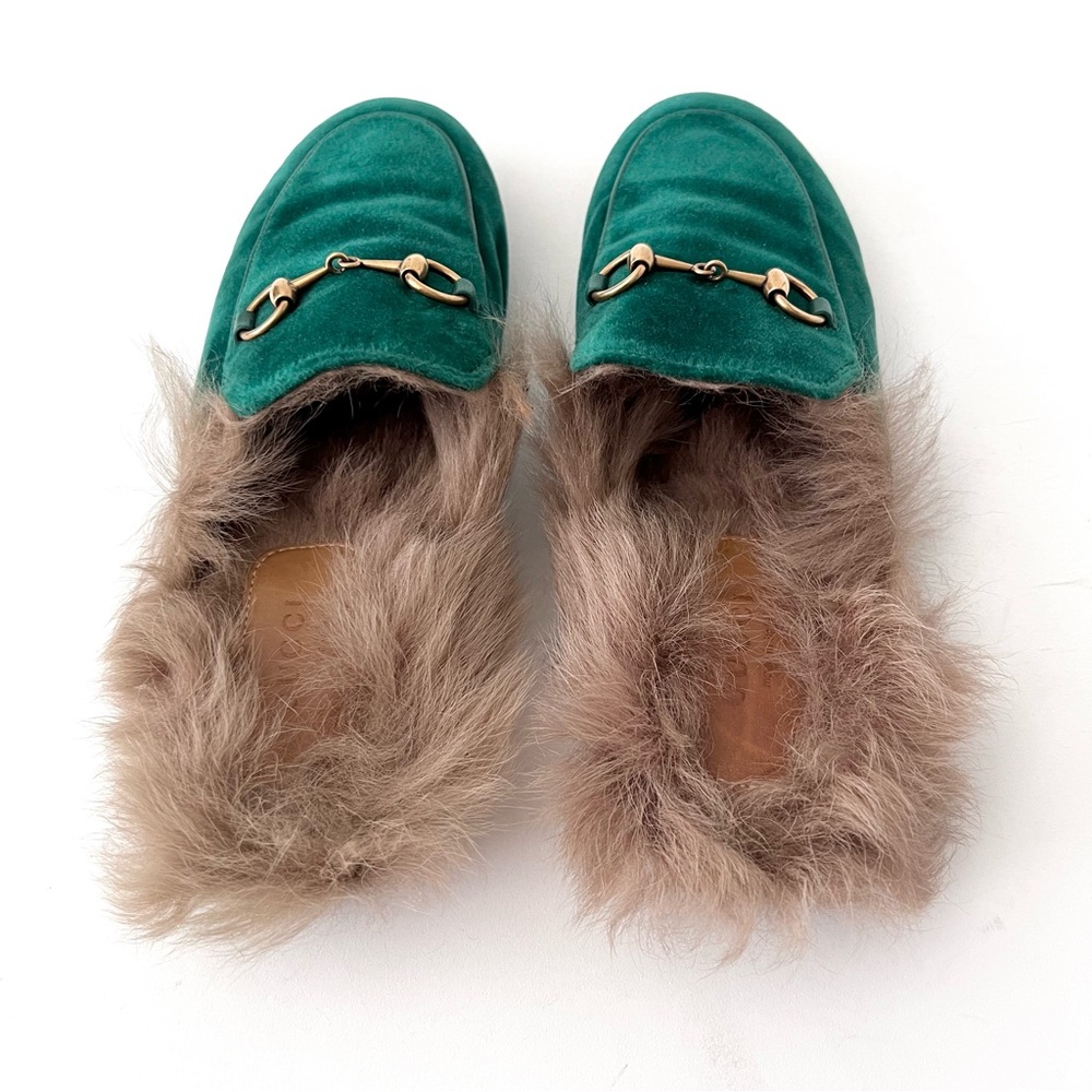 GUCCI | Princetown Fur Horsebit Green Emerald Velvet Velour Mule Slipper Flat - Picture 5 of 11